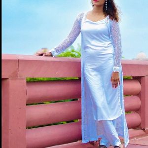 White Strappy Kurta With Shrug And Pants