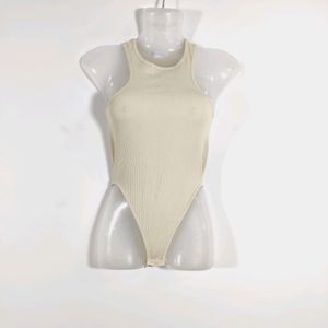 Cream Plain Casual Bodysuit Top (Women)