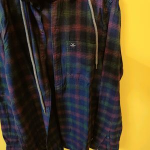 Wrogn Navy Blue Hooded Checked Casual Shirt