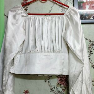 White Full Sleeves Satin Top