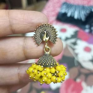 Golden And Yellow Beaded Peacock Jhumki Earring