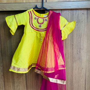 BabyOye Yellow&pink Anarkali Suit Set