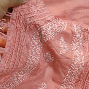 Peach Colour Chikenkari Mens Kurta