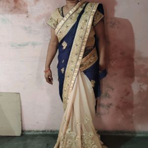 2 Color Saree. Navy Blue and Cream Saree