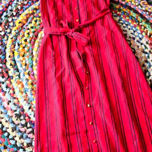 Red Stripe Long Short Dress Along With Fabric Belt