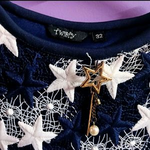 Navy Blue & White Full Embroidery Poncho