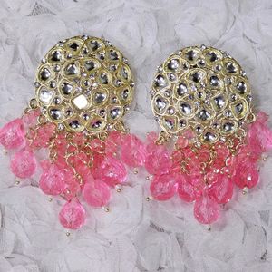 Golden Kundan With Pink Beads Earrings