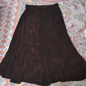 Embroidered Brown Midi Skirt