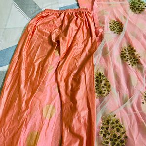 Peach Long Kurta With Work Dupatta Pant Set