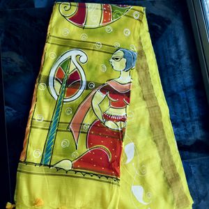 Yellow Handprinted Kota Cotton Saree