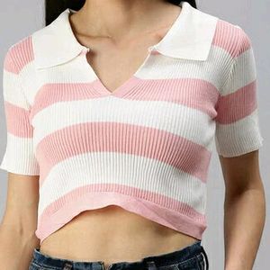 Ribbed Back Knote Striped Collar Neck Crop Top