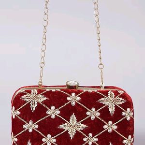 Maroon Velvet Handembroidered Clutch With Sling