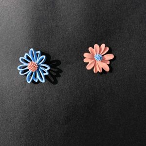 Korean Blue & Orange Floral Studs Earrings