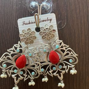Turquoise Blue & Red Silver Earrings