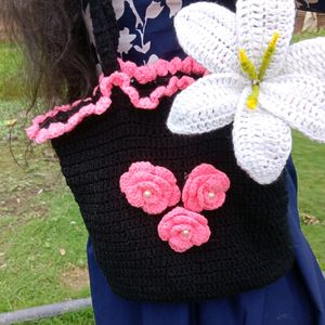 Crochet Black With Baby Pink Aesthetic Bag 🌸🌷