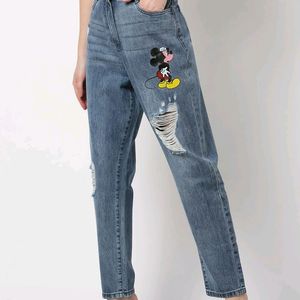 Mickey Mouse Print Distressed Jeans