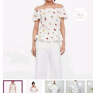 Zara Off Shoulder Linen Fruit Pattern Peplum Top