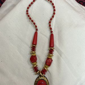 Red Boho Beaded Necklace