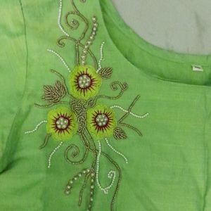 Parrot Green Kurthi With Beautiful Handwork