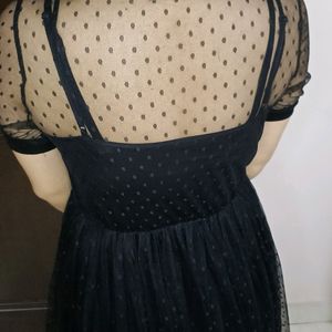 Women Black Polka Dot Transparent Flare Dress