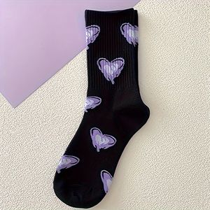 One Pair Y2K Kawaii Purple Heart Print Black Socks