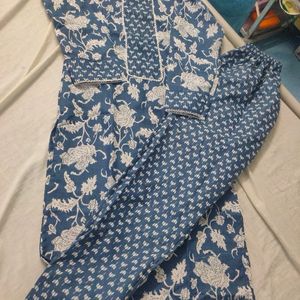 Blue Pure Cotton Printed Kurta Pant Set