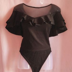 Black Flared Bodysuit Top