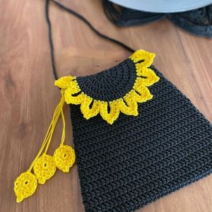 Crochet Sunflower Black Sling Bag