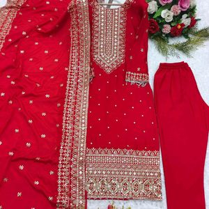 Embroidery Top Pant With Dupatta Set