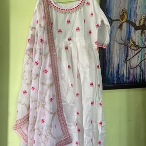 White Anarkali With Pink Embroidery