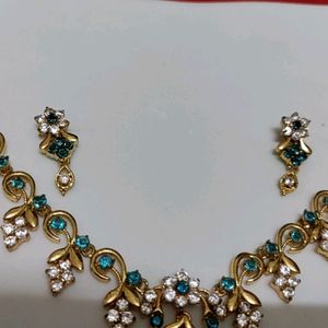 Light Blue Stone Gold Plated Necklace With Earring