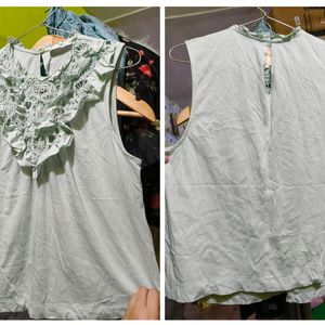 Mango Green Solid Cotton Ruffled Regular Top