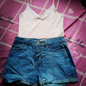 Light Blue Denim Shorts And Pink Tank Top