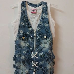 Denim Dungaree Set With Sparkly White Tshirt