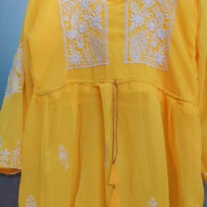 Yellow New Short Chickenkari Kurti