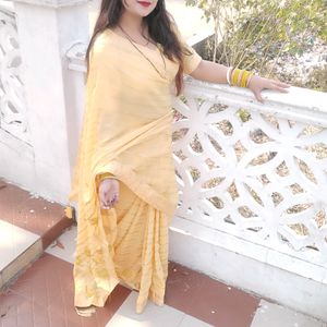 Yellow Saree With Blouse Very Nice Look Like Puja