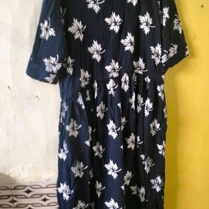 Blue Round Kurti With White Print