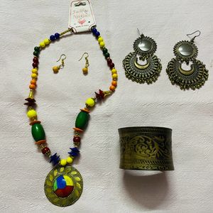 A Necklace & Oxidised Earrings With Kada