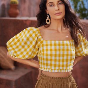 Crop top(Puff sleeves yellow & white checkered)