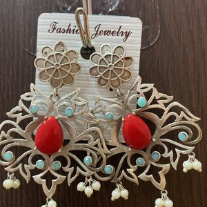 Turquoise Blue & Red Silver Earrings