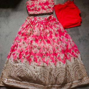 Combo Of Coral Georgette And Mauve Net Lahengas