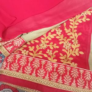 Coral Pink And Sage Green Saree With Blouse