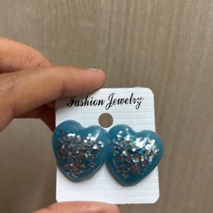 Heart Shape Glittered Earings In Blue Colour