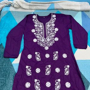 Purple Cotton Chickerkari Kurti