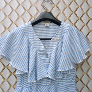 New Cute Wool Blue Stripped Ruffled Top