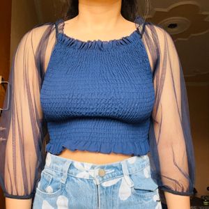 Sale-Blue Mesh Sleeve Top