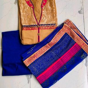 Beige And Blue Kurta Set With Duptta