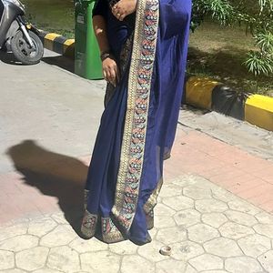 Pretty Navy Blue Plain Saree With Border