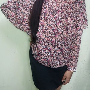 Red Floral Print Front Gathered Shirt