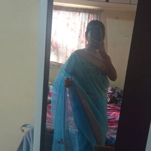 (Negotiable) Blue Organza Net Beautiful Sareee